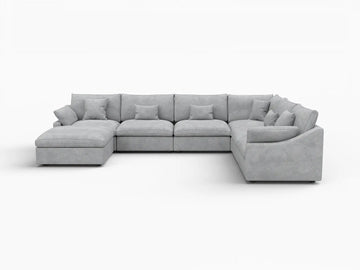 Deluxe Slope Cloud Sectional Sofa Covers | Light Grey Chenille and Linen Sofa Cover for 6-Seater with 1-Ottoman