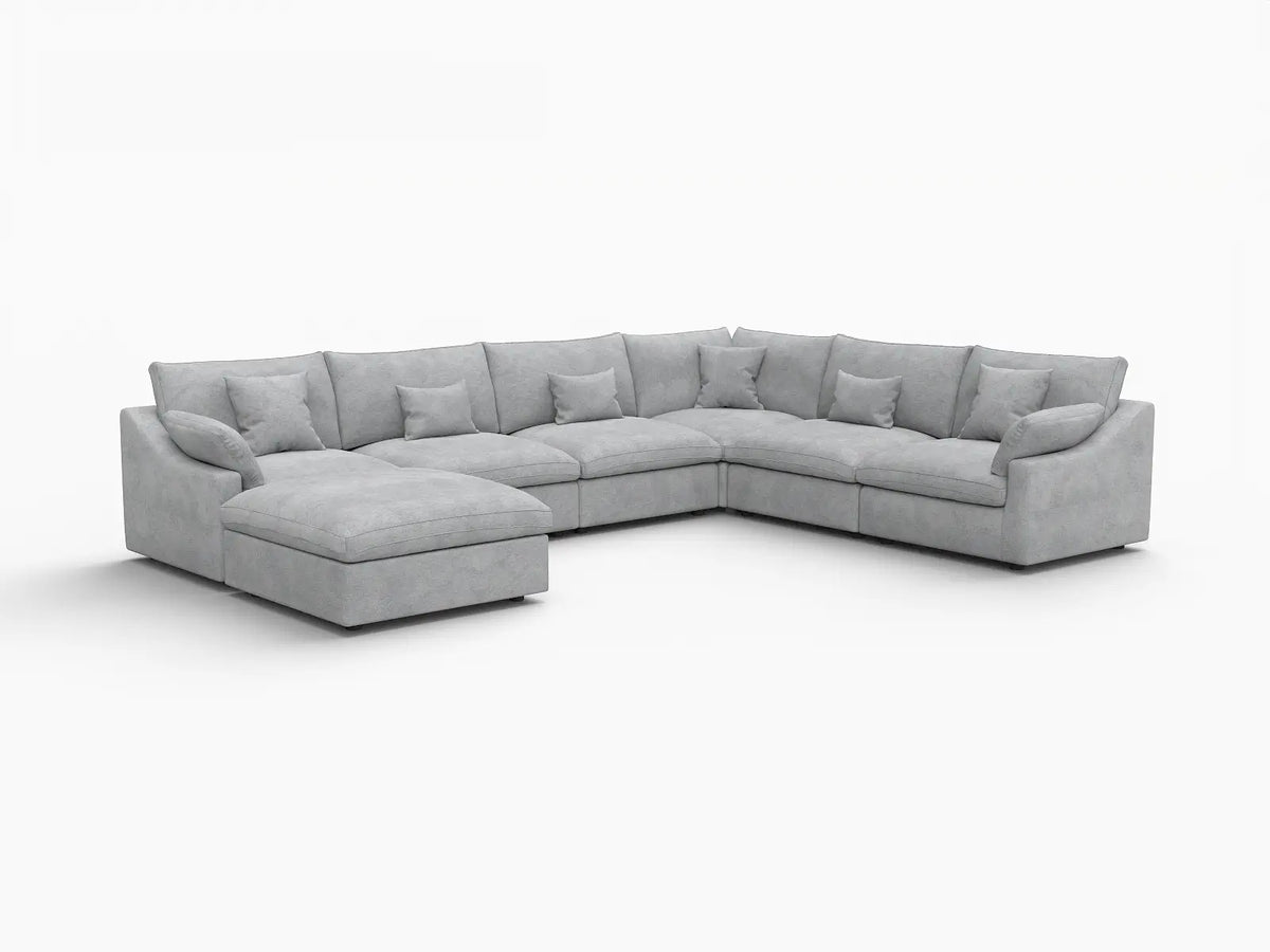 Deluxe Cloud 6-Seater Light Grey Large Space Pit Sectional | 7-Piece (Includes 1 Ottoman), Chenille And Linen Fabric, Easy To Clean