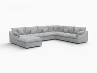 Deluxe Cloud 6-Seater Light Grey Large Space Pit Sectional | 7-Piece (Includes 1 Ottoman), Chenille And Linen Fabric, Easy To Clean