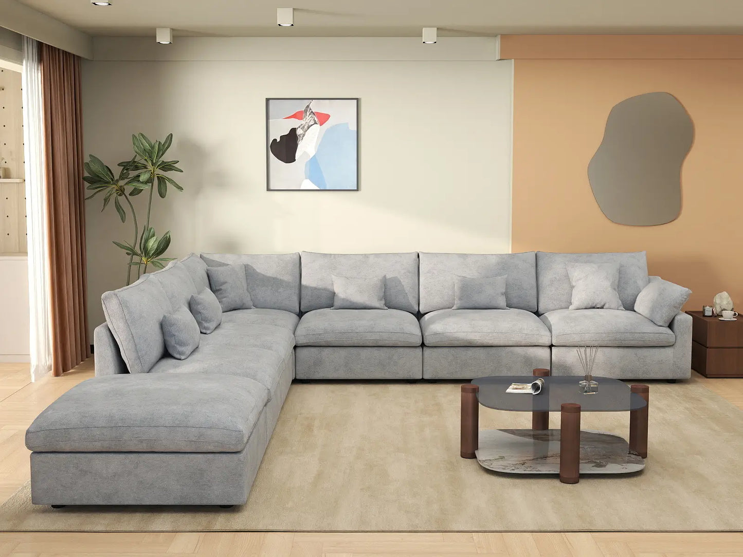 Deluxe Cloud 6-Seater Light Grey Large Space Pit Sectional | 7-Piece (Includes 1 Ottoman), Chenille And Linen Fabric, Easy To Clean