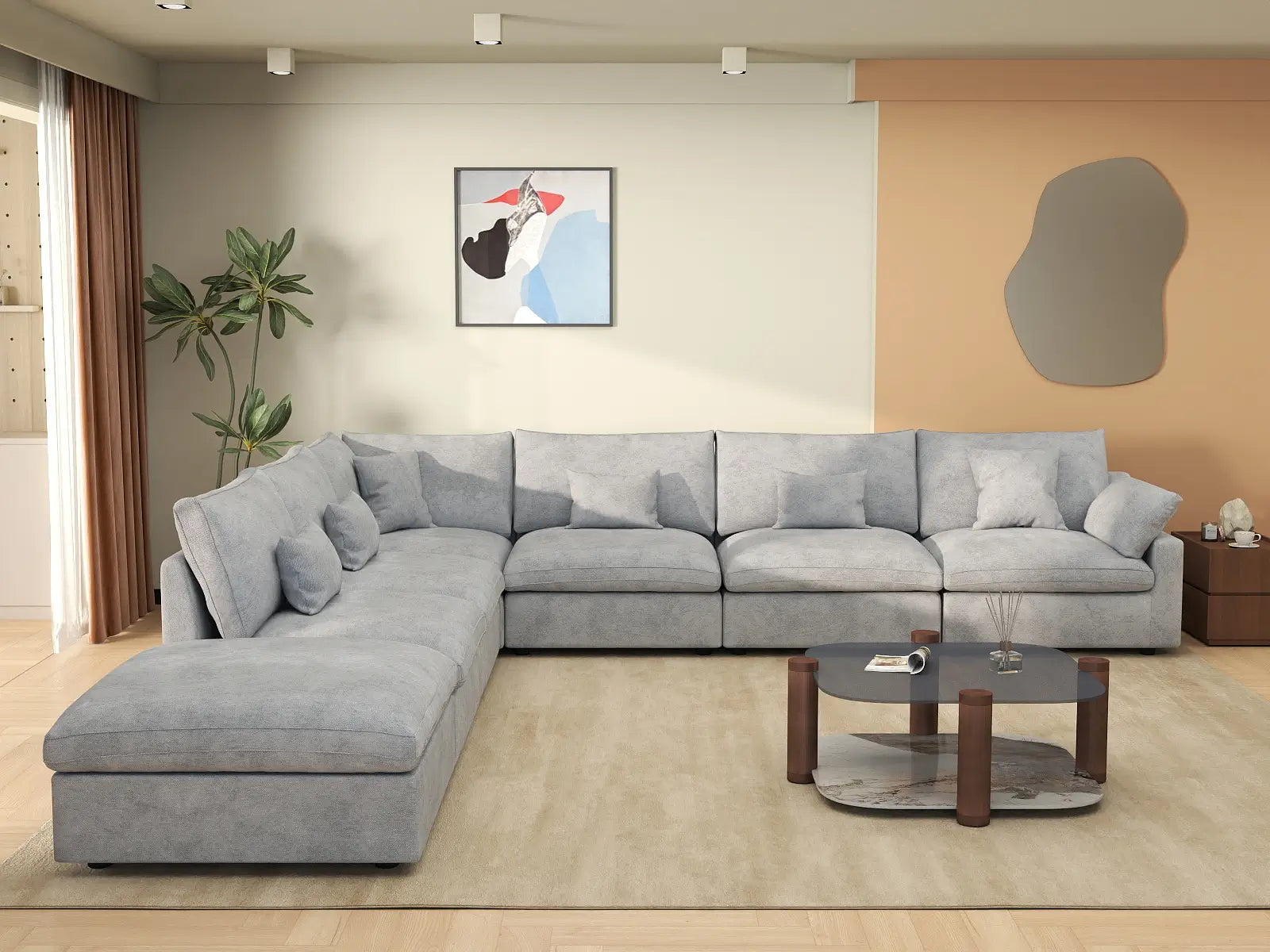 Deluxe Cloud 6-Seater Light Grey Large Space Pit Sectional | 7-Piece (Includes 1 Ottoman), Chenille And Linen Fabric, Easy To Clean