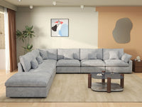 Deluxe Cloud 6-Seater Light Grey Large Space Pit Sectional | 7-Piece (Includes 1 Ottoman), Chenille And Linen Fabric, Easy To Clean