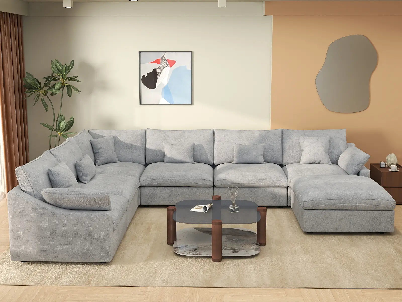 Deluxe Cloud 6-Seater Light Grey Large Space Pit Sectional | 7-Piece (Includes 1 Ottoman), Chenille And Linen Fabric, Easy To Clean