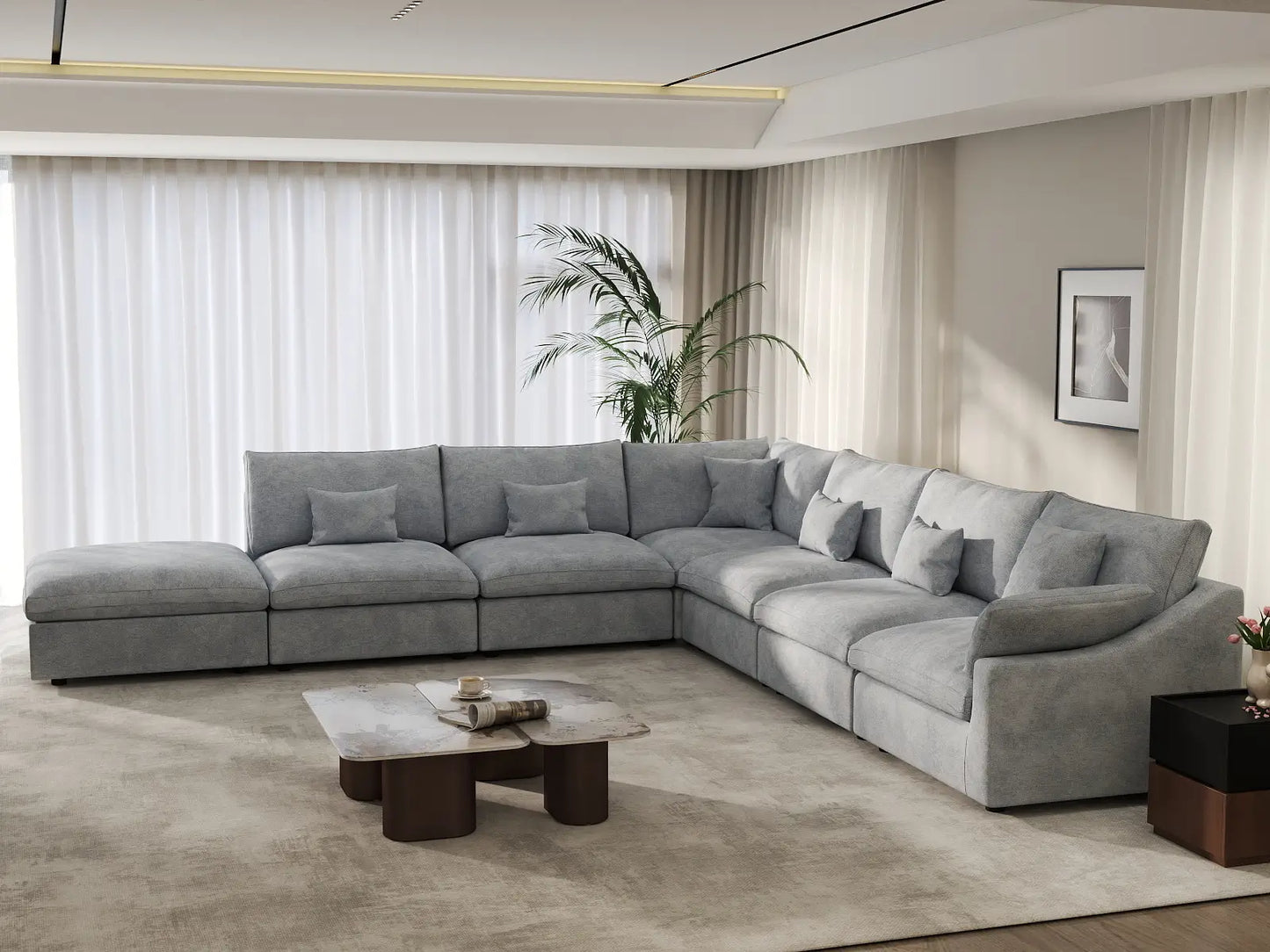 Deluxe Cloud 6-Seater Light Grey Large Space Pit Sectional | 7-Piece (Includes 1 Ottoman), Chenille And Linen Fabric, Easy To Clean