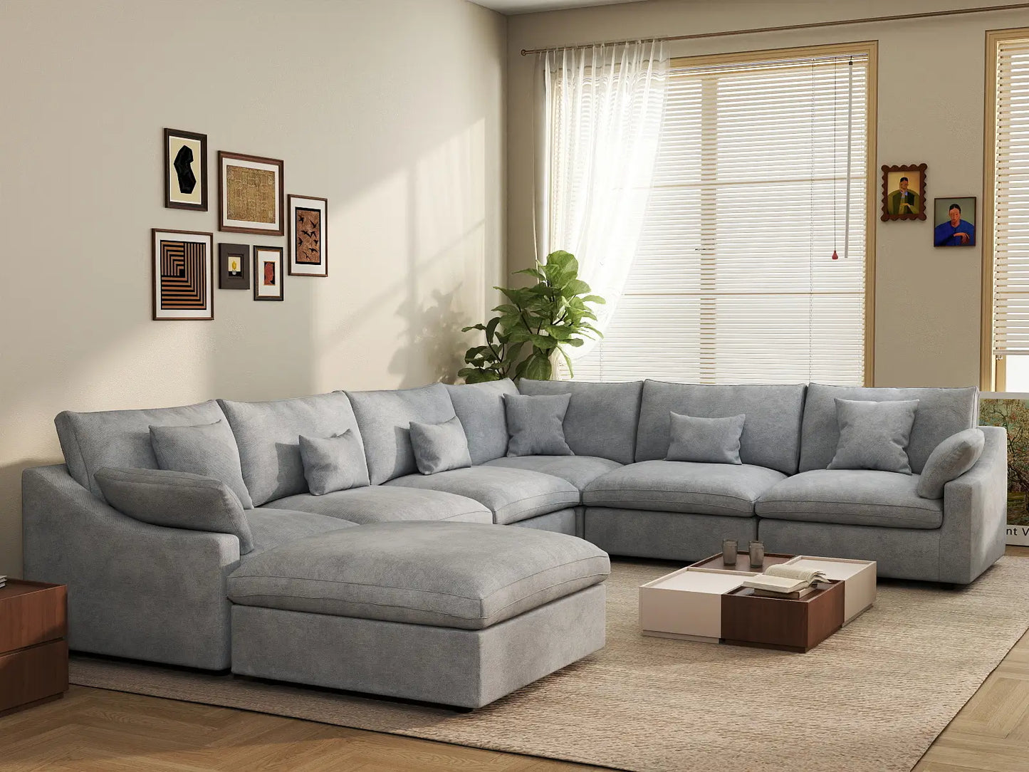 Deluxe Cloud 6-Seater Light Grey Large Space Pit Sectional | 7-Piece (Includes 1 Ottoman), Chenille And Linen Fabric, Easy To Clean