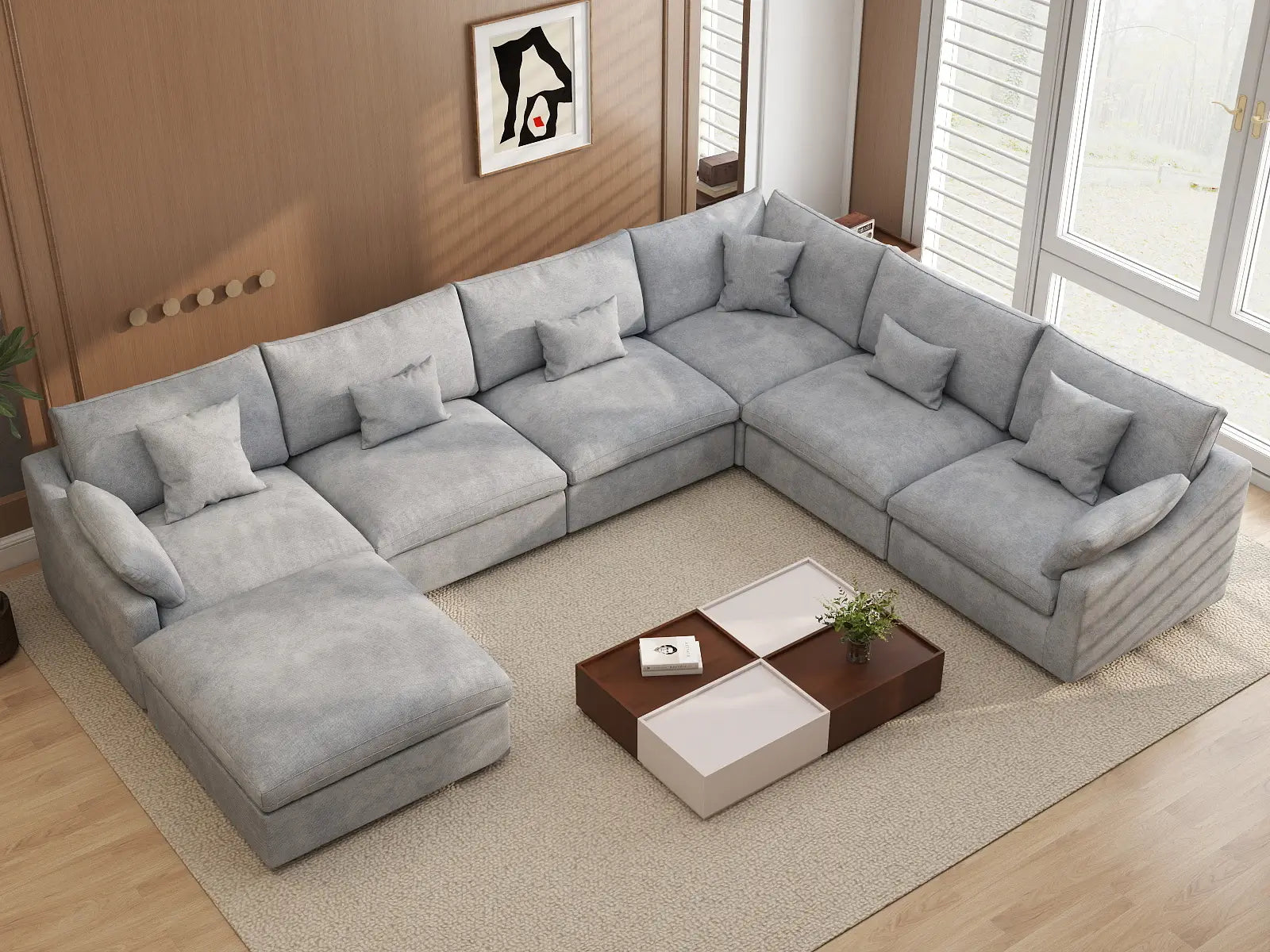 Deluxe Cloud 6-Seater Light Grey Large Space Pit Sectional | 7-Piece (Includes 1 Ottoman), Chenille And Linen Fabric, Easy To Clean