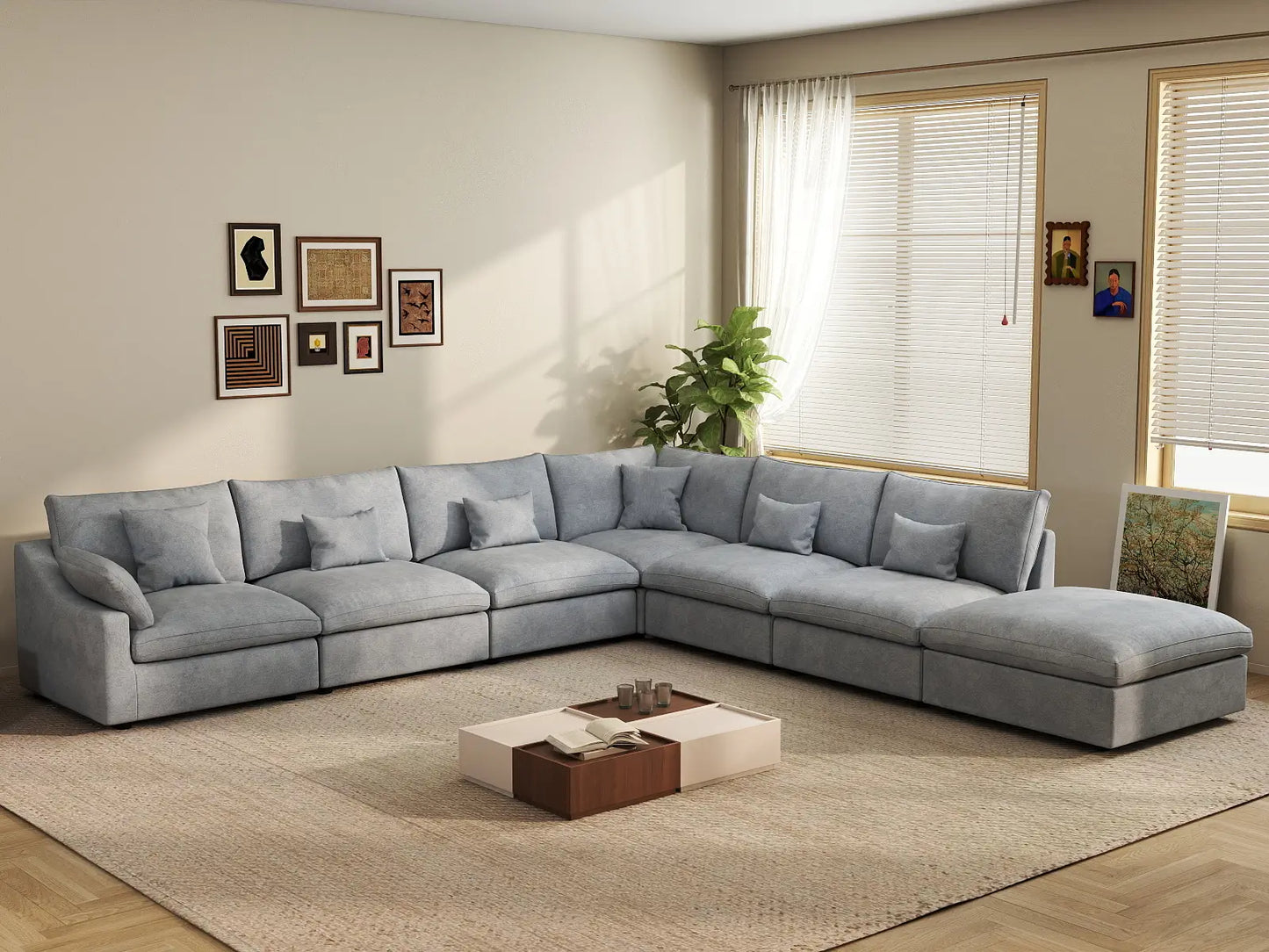 Deluxe Cloud 6-Seater Light Grey Large Space Pit Sectional | 7-Piece (Includes 1 Ottoman), Chenille And Linen Fabric, Easy To Clean