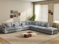 Deluxe Cloud 6-Seater Light Grey Large Space Pit Sectional | 7-Piece (Includes 1 Ottoman), Chenille And Linen Fabric, Easy To Clean