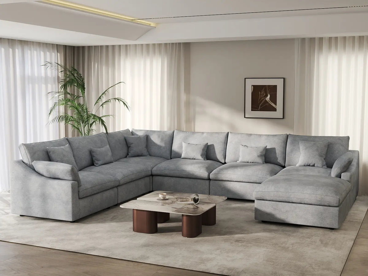 Deluxe Cloud 6-Seater Light Grey Large Space Pit Sectional | 7-Piece (Includes 1 Ottoman), Chenille And Linen Fabric, Easy To Clean