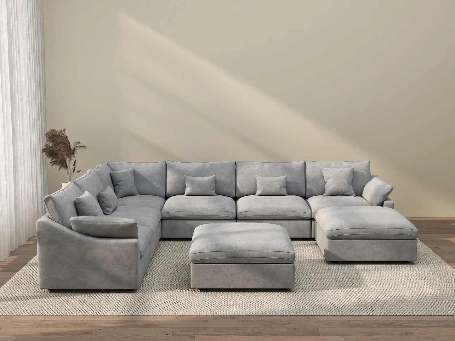 Deluxe Cloud 6-Seater Light Grey Open Space Pit Sectional | 8-Piece (Includes 2 Ottomans), Chenille And Linen Fabric, Easy To Clean