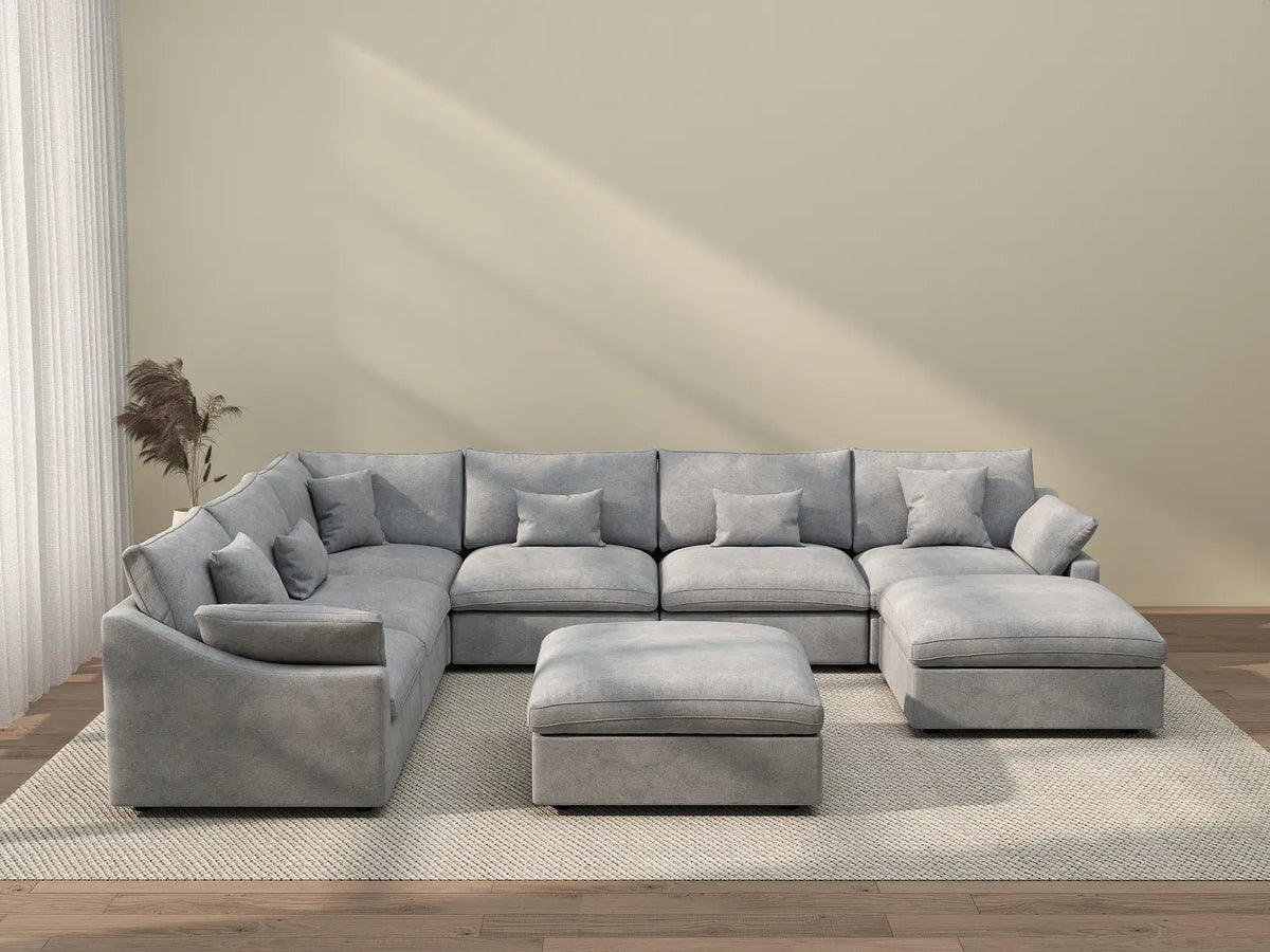 Deluxe Cloud 6-Seater Light Grey Open Space Pit Sectional | 8-Piece (Includes 2 Ottomans), Chenille And Linen Fabric, Easy To Clean