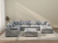 Deluxe Cloud 6-Seater Light Grey Open Space Pit Sectional | 8-Piece (Includes 2 Ottomans), Chenille And Linen Fabric, Easy To Clean