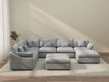 Deluxe Cloud 6-Seater Light Grey Open Space Pit Sectional | 8-Piece (Includes 2 Ottomans), Chenille And Linen Fabric, Easy To Clean