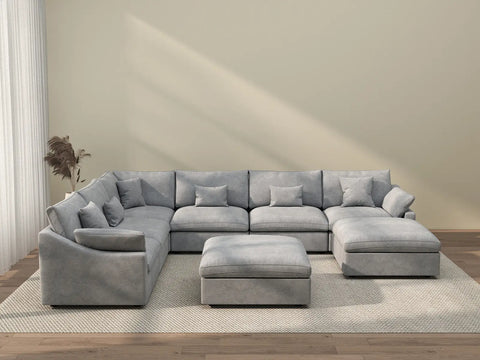 Deluxe Cloud 6-Seater Light Grey Open Space Pit Sectional | 8-Piece (Includes 2 Ottomans), Chenille And Linen Fabric, Easy To Clean