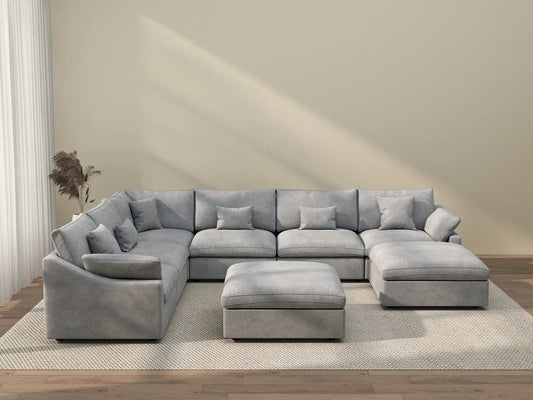 Deluxe Cloud 6-Seater Light Grey Open Space Pit Sectional | 8-Piece (Includes 2 Ottomans), Chenille And Linen Fabric, Easy To Clean