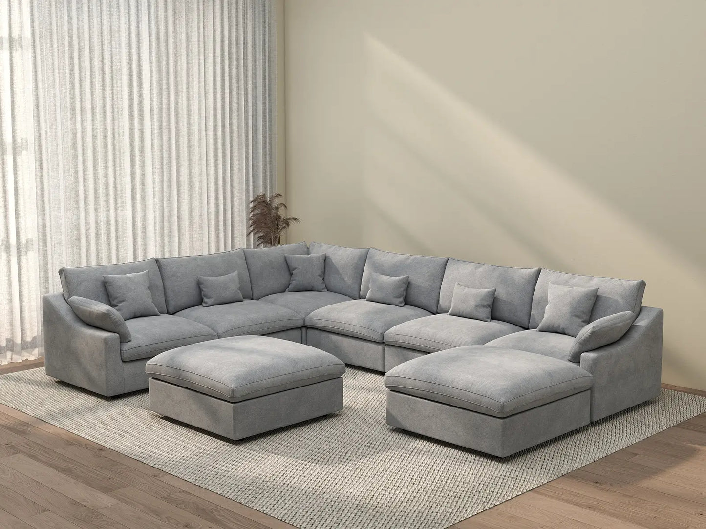 Deluxe Cloud 6-Seater Light Grey Open Space Pit Sectional | 8-Piece (Includes 2 Ottomans), Chenille And Linen Fabric, Easy To Clean