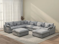 Deluxe Cloud 6-Seater Light Grey Open Space Pit Sectional | 8-Piece (Includes 2 Ottomans), Chenille And Linen Fabric, Easy To Clean