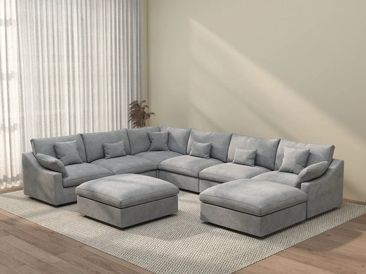 Deluxe Cloud 6-Seater Light Grey Open Space Pit Sectional | 8-Piece (Includes 2 Ottomans), Chenille And Linen Fabric, Easy To Clean