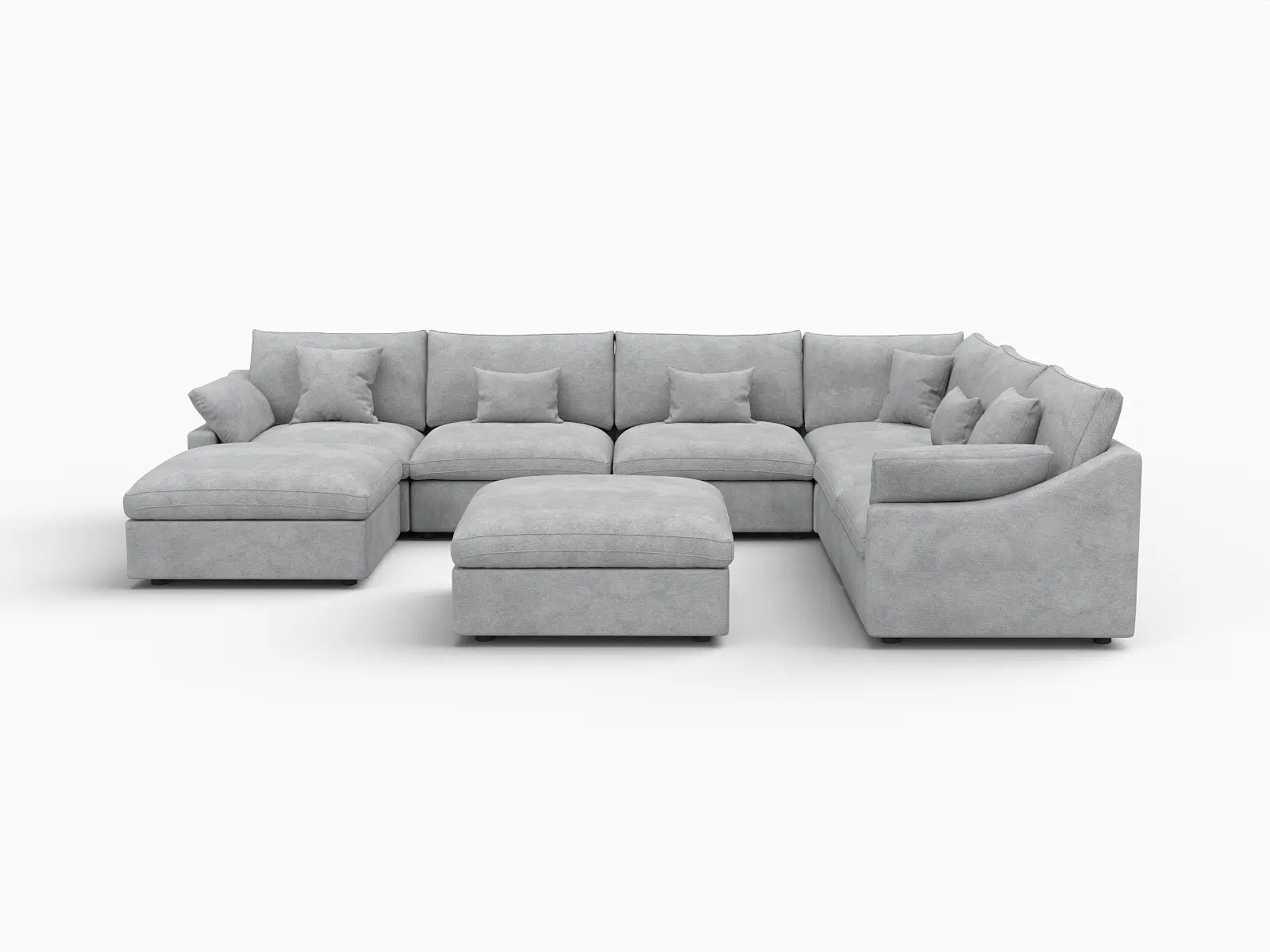 Deluxe Cloud 6-Seater Light Grey Open Space Pit Sectional | 8-Piece (Includes 2 Ottomans), Chenille And Linen Fabric, Easy To Clean