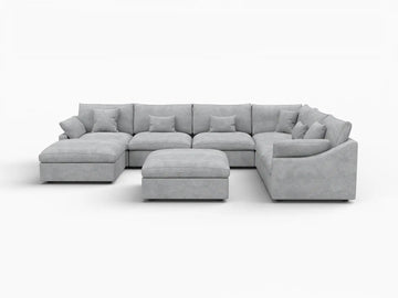 Deluxe Slope Cloud Sectional Sofa Covers | Light Grey Chenille and Linen Sofa Cover for 6-Seater with 2-Ottomans