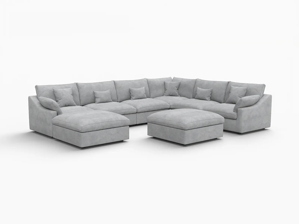 Deluxe Cloud 6-Seater Light Grey Open Space Pit Sectional | 8-Piece (Includes 2 Ottomans), Chenille And Linen Fabric, Easy To Clean