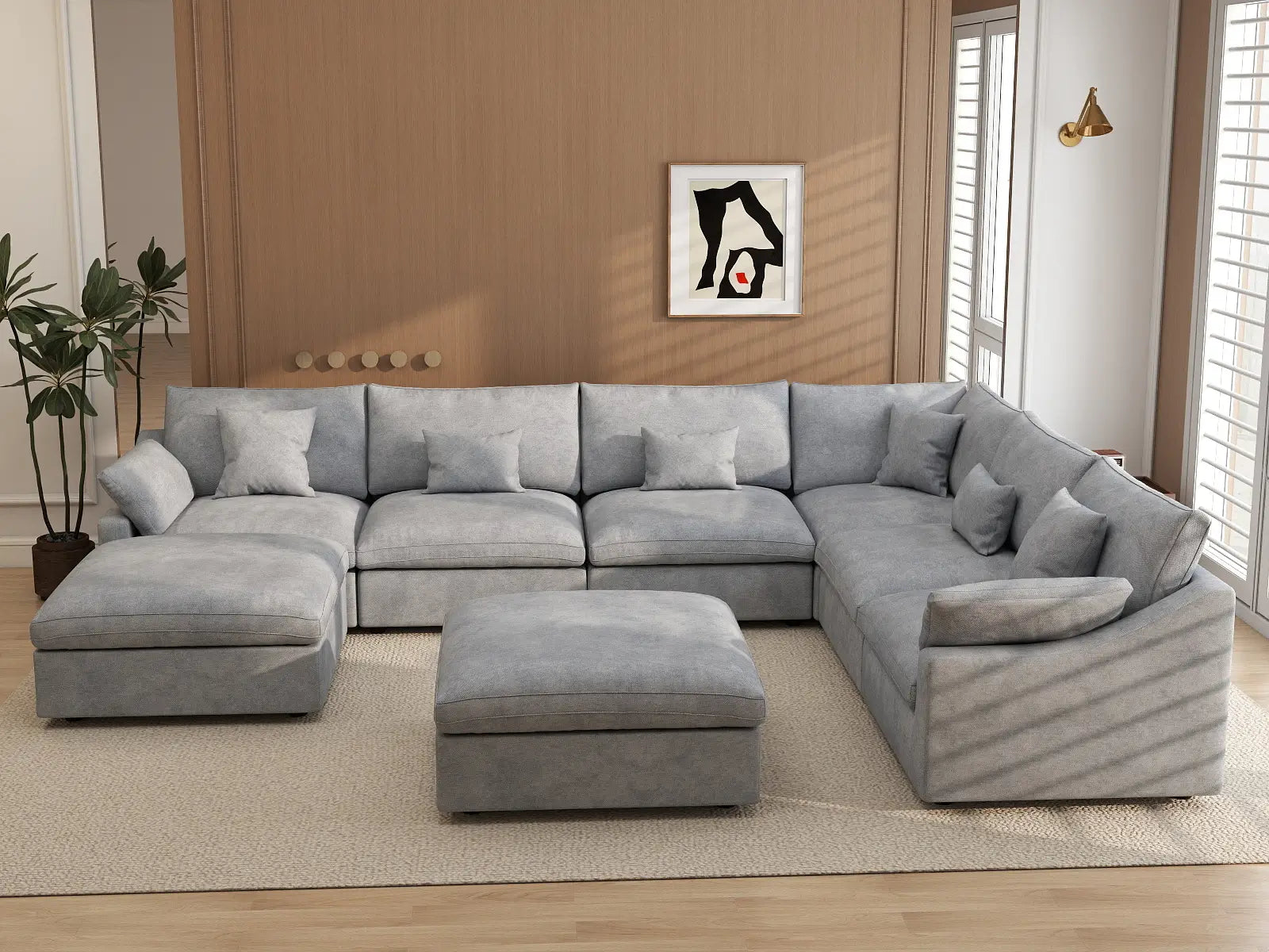 Deluxe Cloud 6-Seater Light Grey Open Space Pit Sectional | 8-Piece (Includes 2 Ottomans), Chenille And Linen Fabric, Easy To Clean