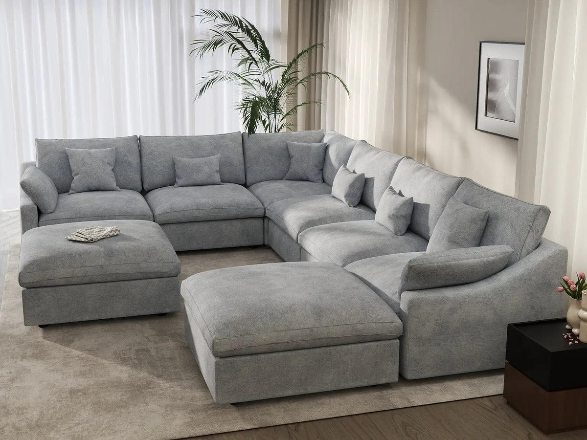 Deluxe Cloud 6-Seater Light Grey Open Space Pit Sectional | 8-Piece (Includes 2 Ottomans), Chenille And Linen Fabric, Easy To Clean