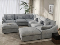 Deluxe Cloud 6-Seater Light Grey Open Space Pit Sectional | 8-Piece (Includes 2 Ottomans), Chenille And Linen Fabric, Easy To Clean