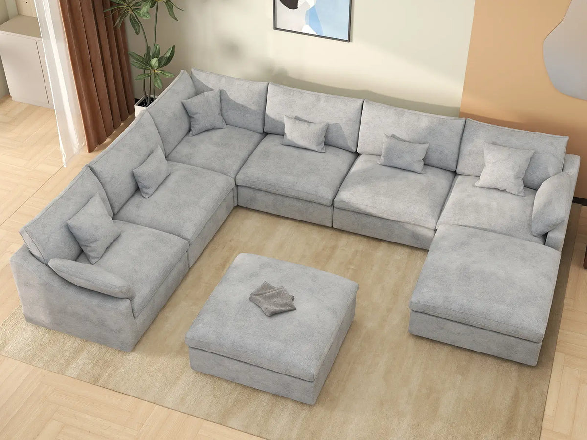 Deluxe Cloud 6-Seater Light Grey Open Space Pit Sectional | 8-Piece (Includes 2 Ottomans), Chenille And Linen Fabric, Easy To Clean