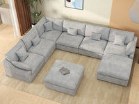 Deluxe Cloud 6-Seater Light Grey Open Space Pit Sectional | 8-Piece (Includes 2 Ottomans), Chenille And Linen Fabric, Easy To Clean