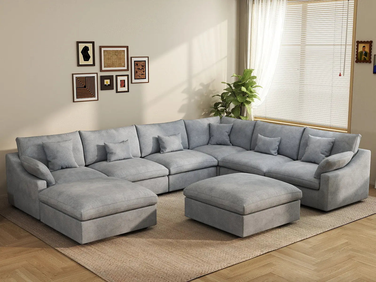 Deluxe Cloud 6-Seater Light Grey Open Space Pit Sectional | 8-Piece (Includes 2 Ottomans), Chenille And Linen Fabric, Easy To Clean