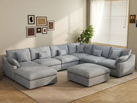 Deluxe Cloud 6-Seater Light Grey Open Space Pit Sectional | 8-Piece (Includes 2 Ottomans), Chenille And Linen Fabric, Easy To Clean