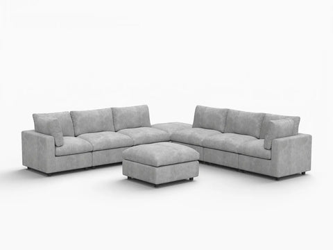 Lounge Cloud Sectional Sofa Covers | Light Grey Linen-Blend Chenille Sofa Cover for 6-Seater with 2-Ottomans