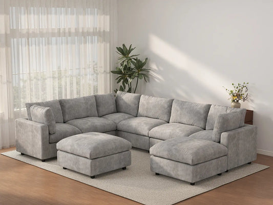 Juego de sofás de 6 plazas Cloud Deluxe gris claro | 8 piezas (incluye 2 otomanas), tela de chenilla mezcla de lino, fundas de cojín lavables