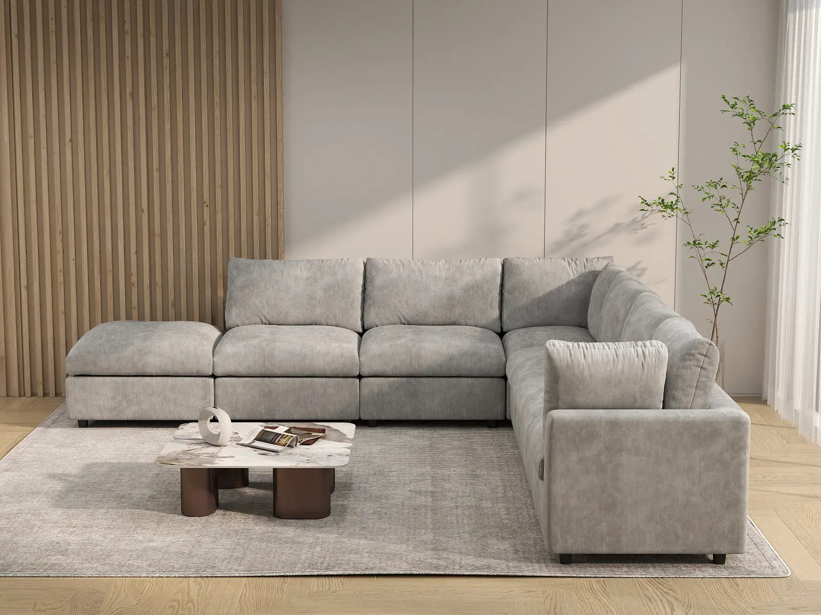 Seccional de 6 plazas en forma de V Deluxe Cloud color gris claro | 7 piezas (incluye 1 otomana), tela de chenilla de mezcla de lino, fundas de cojín lavables