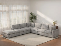 Seccional de 6 plazas en forma de V Deluxe Cloud color gris claro | 7 piezas (incluye 1 otomana), tela de chenilla de mezcla de lino, fundas de cojín lavables