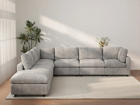 Seccional de 6 plazas en forma de V Deluxe Cloud color gris claro | 7 piezas (incluye 1 otomana), tela de chenilla de mezcla de lino, fundas de cojín lavables