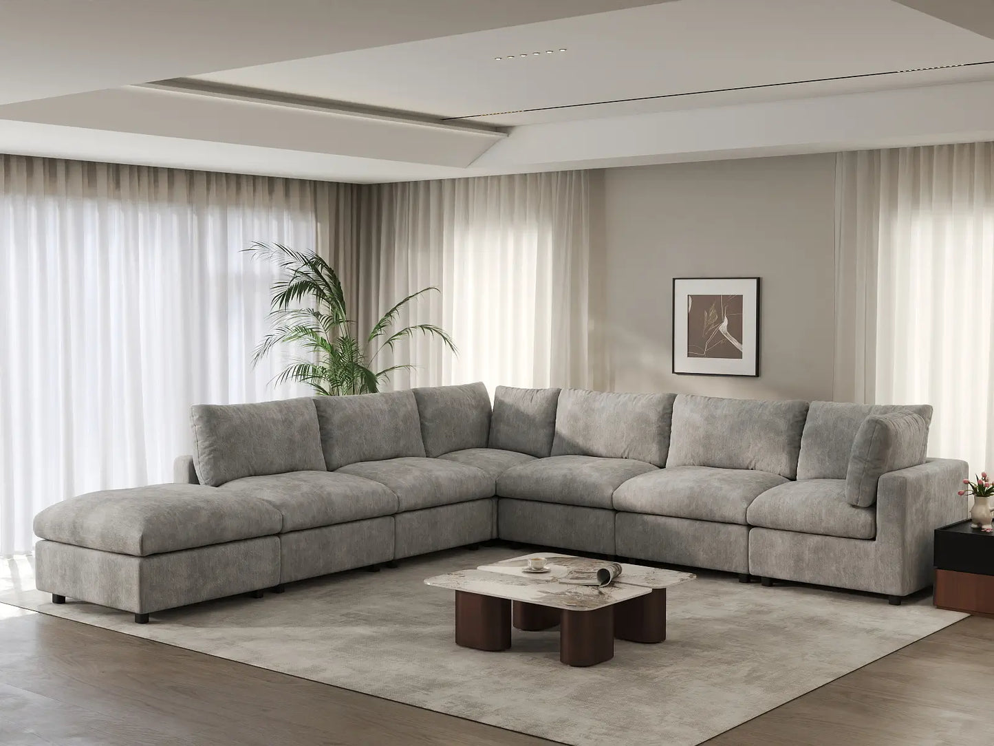 Seccional de 6 plazas en forma de V Deluxe Cloud color gris claro | 7 piezas (incluye 1 otomana), tela de chenilla de mezcla de lino, fundas de cojín lavables