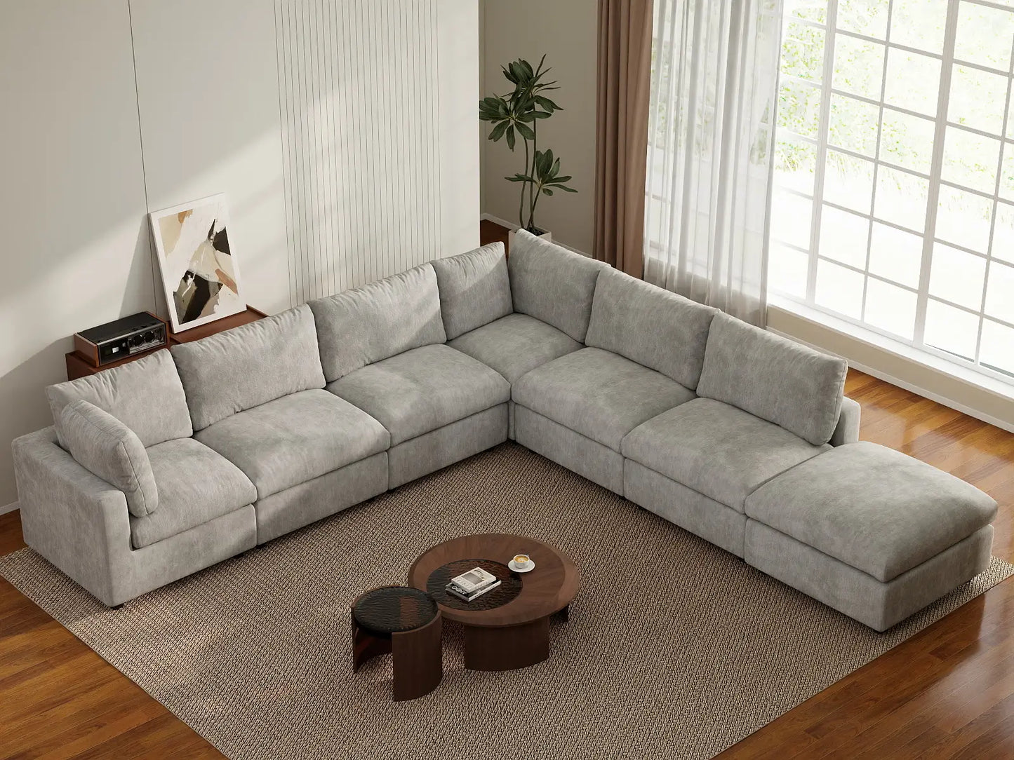 Fundas para sofás seccionales Cloud Lounge | Funda de sofá de chenilla con mezcla de lino gris claro para 6 plazas con 1 otomana
