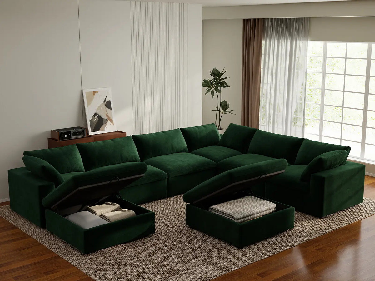 Deluxe Cloud 6-Seater Olive Green Sofa Set | 8-Piece (Includes 2 Ottomans), Velvet Fabric, Living Room, Washable Cushion Covers