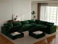 Deluxe Cloud 6-Seater Olive Green Sofa Set | 8-Piece (Includes 2 Ottomans), Velvet Fabric, Living Room, Washable Cushion Covers