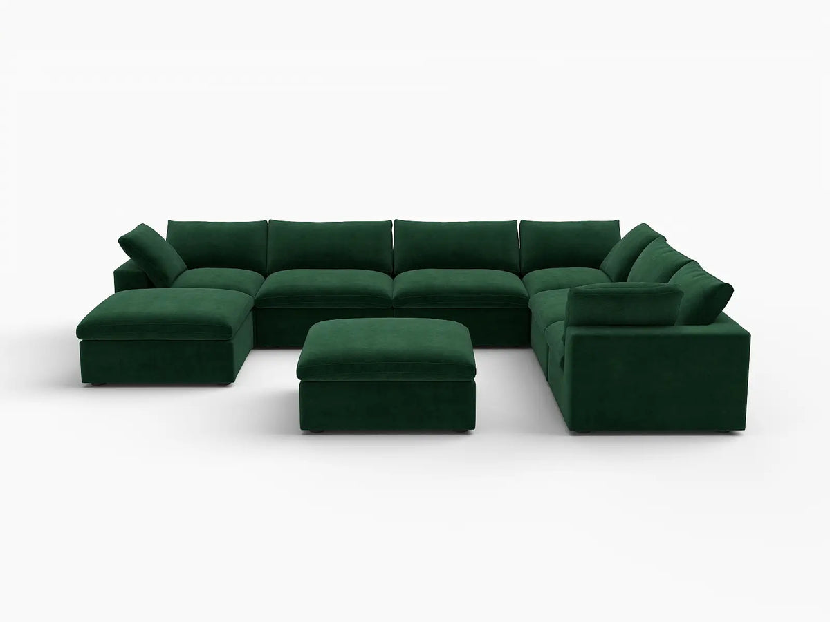 Deluxe Cloud 6-Seater Olive Green Sofa Set | 8-Piece (Includes 2 Ottomans), Velvet Fabric, Living Room, Washable Cushion Covers