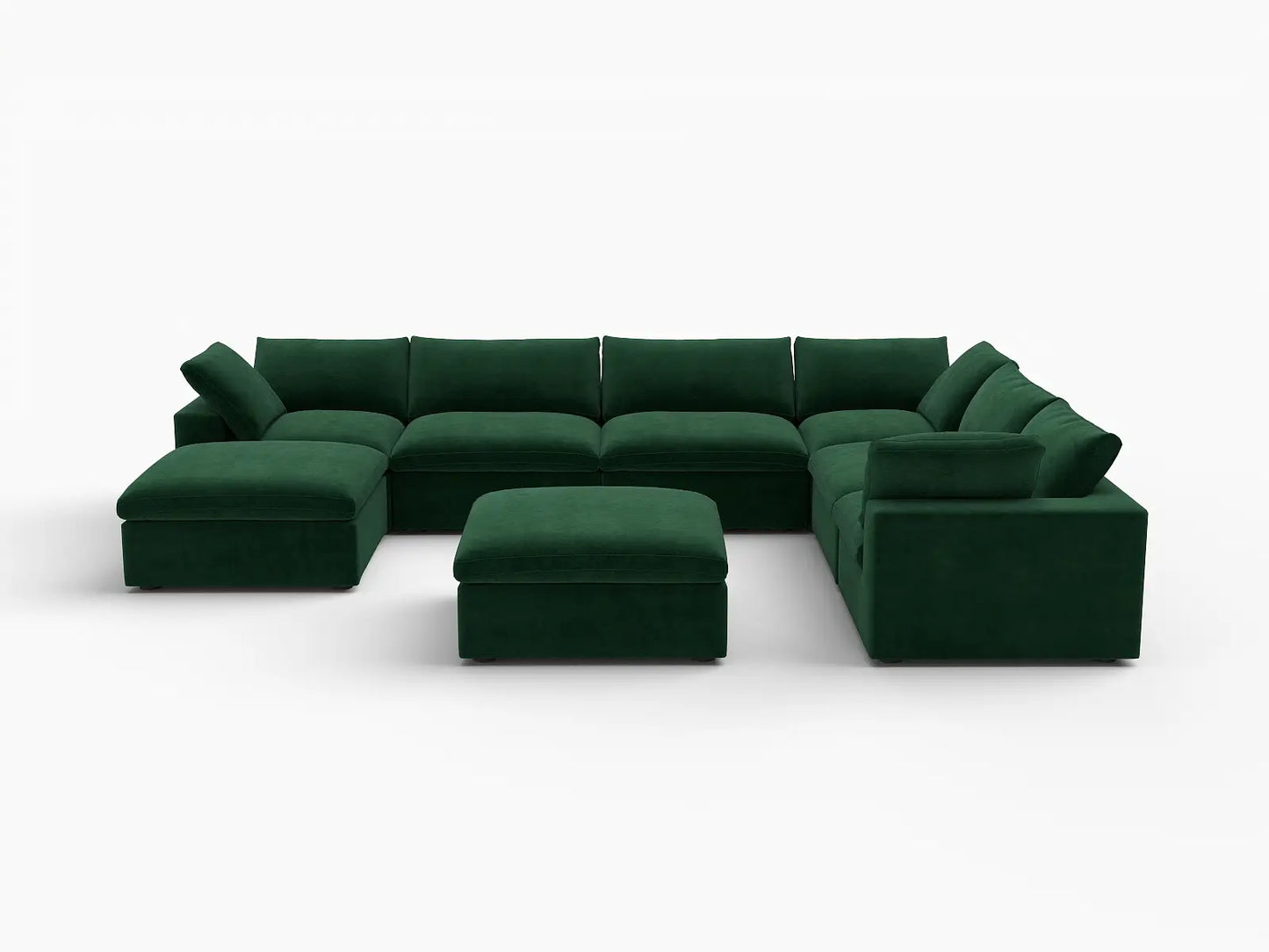 Deluxe Cloud 6-Seater Olive Green Sofa Set | 8-Piece (Includes 2 Ottomans), Velvet Fabric, Living Room, Washable Cushion Covers