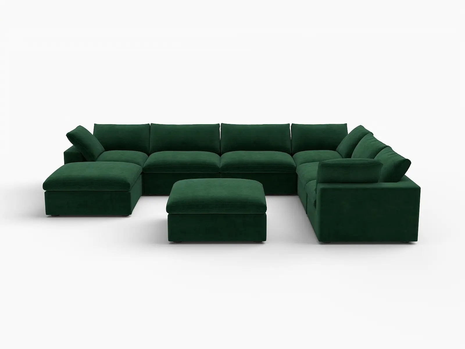 Deluxe Cloud 6-Seater Olive Green Sofa Set | 8-Piece (Includes 2 Ottomans), Velvet Fabric, Living Room, Washable Cushion Covers