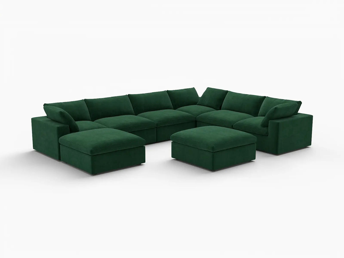 Deluxe Cloud 6-Seater Olive Green Sofa Set | 8-Piece (Includes 2 Ottomans), Velvet Fabric, Living Room, Washable Cushion Covers
