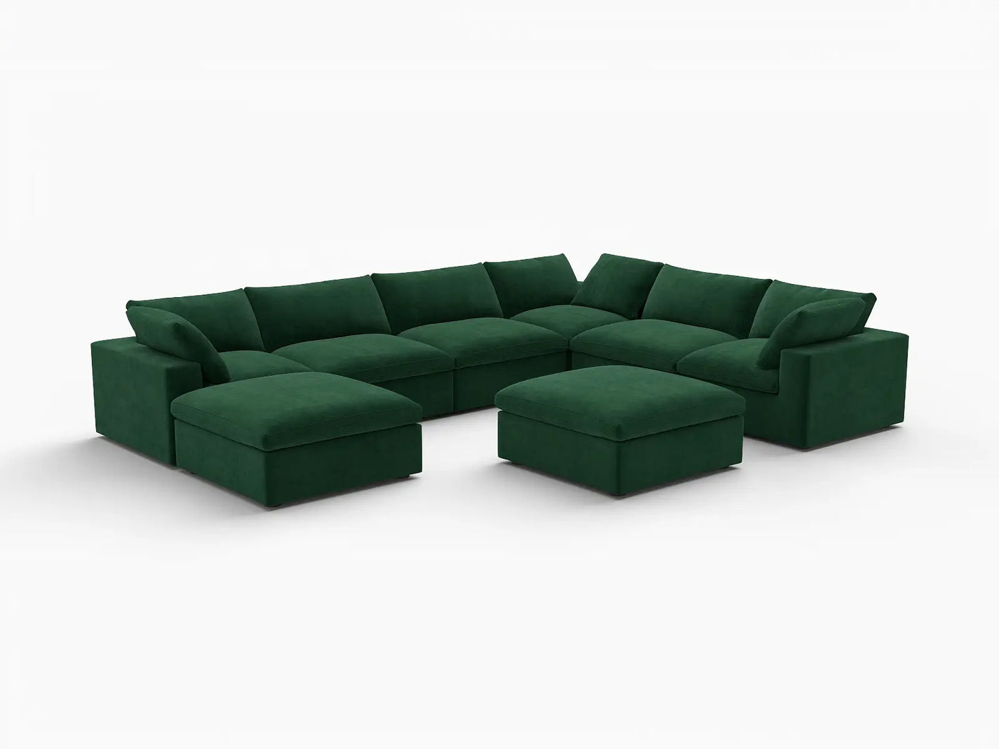 Deluxe Cloud 6-Seater Olive Green Sofa Set | 8-Piece (Includes 2 Ottomans), Velvet Fabric, Living Room, Washable Cushion Covers