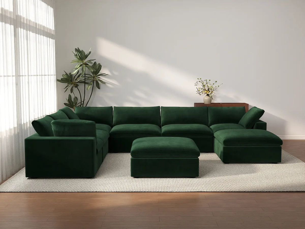 Deluxe Cloud 6-Seater Olive Green Sofa Set | 8-Piece (Includes 2 Ottomans), Velvet Fabric, Living Room, Washable Cushion Covers