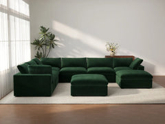 Deluxe Cloud 6-Seater Olive Green Sofa Set | 8-Piece (Includes 2 Ottomans), Velvet Fabric, Living Room, Washable Cushion Covers