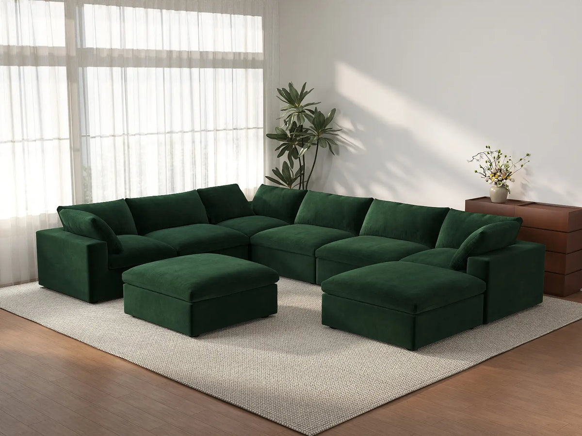 Deluxe Cloud 6-Seater Olive Green Sofa Set | 8-Piece (Includes 2 Ottomans), Velvet Fabric, Living Room, Washable Cushion Covers