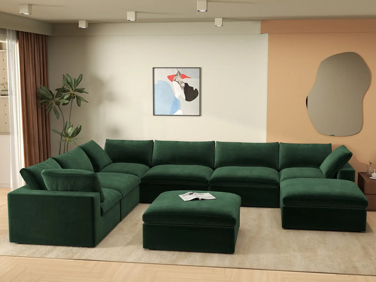 Deluxe Cloud 6-Seater Olive Green Sofa Set | 8-Piece (Includes 2 Ottomans), Velvet Fabric, Living Room, Washable Cushion Covers